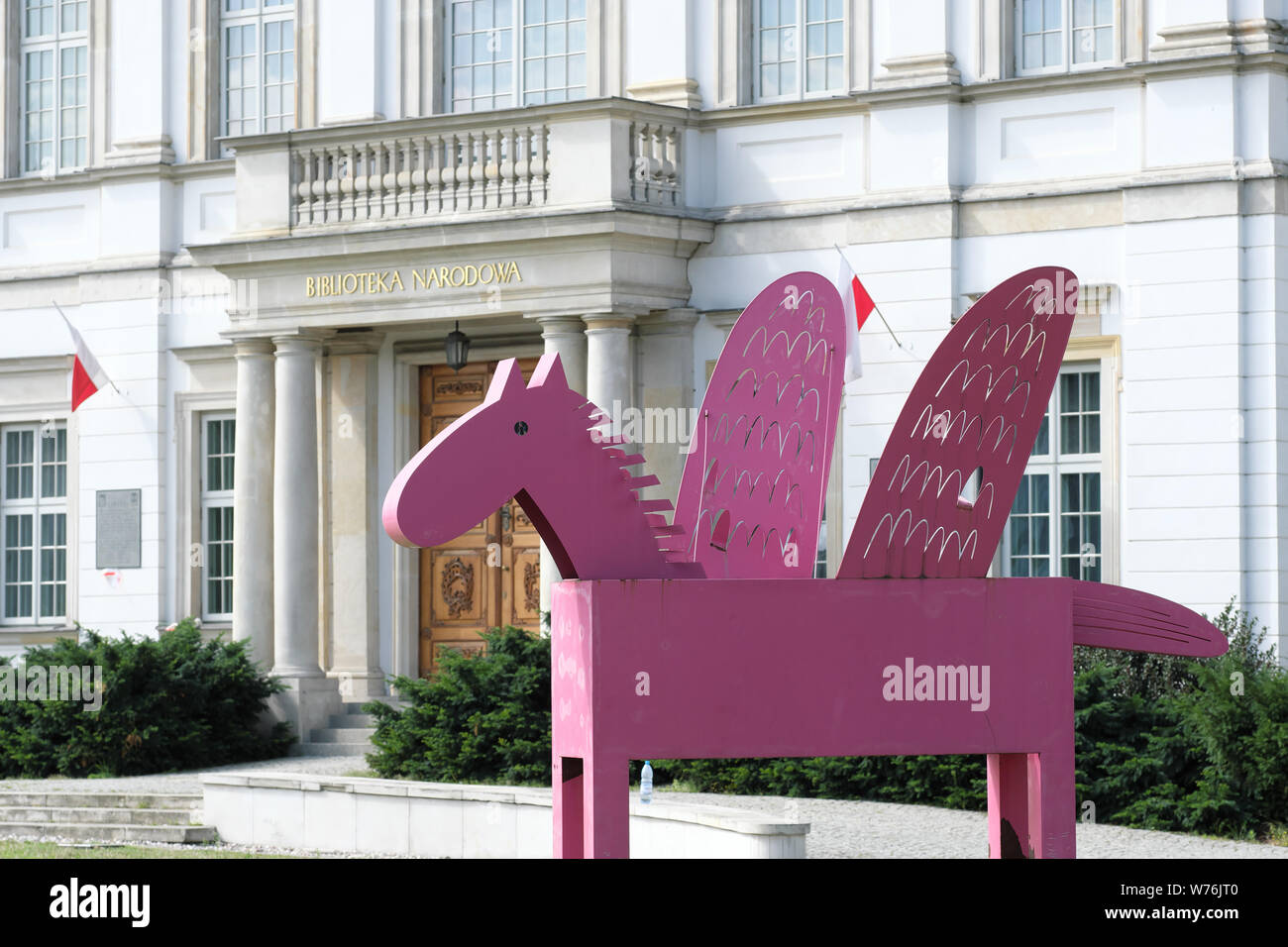 Warsaw Poland the Pegazy art installation outside the Biblioteka Narodowa ( National Library ) building at Pl Krasińskich Stock Photo