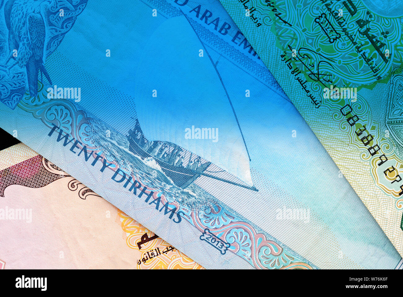 Uae Dirham Currency Notes Close Up Money Background Blue Color Toned Stock Photo Alamy