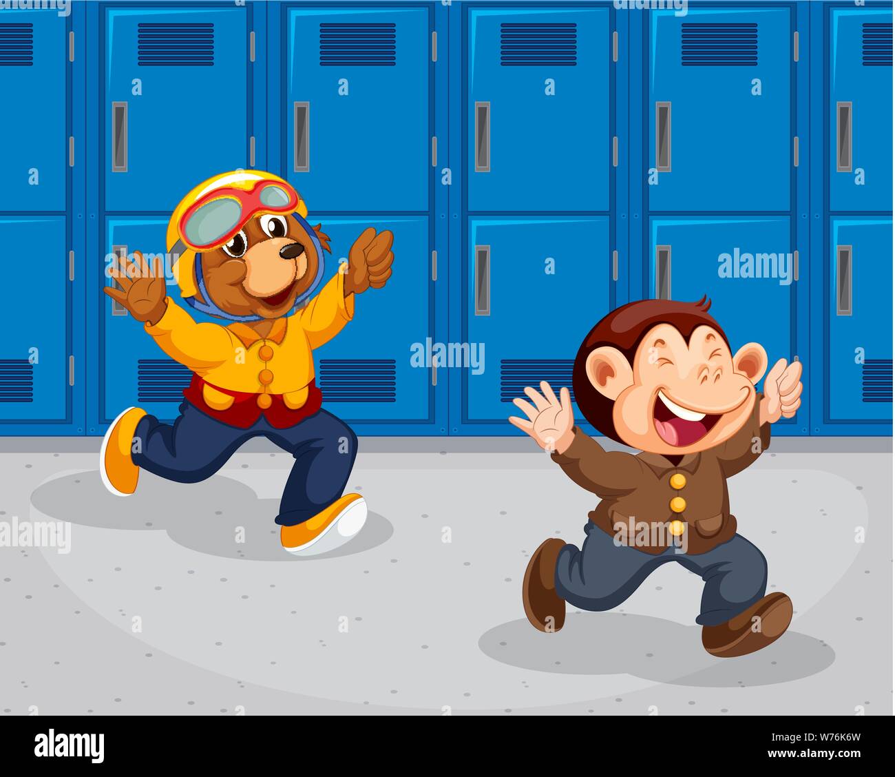 Monkey and bear running at school illustration Stock Vector