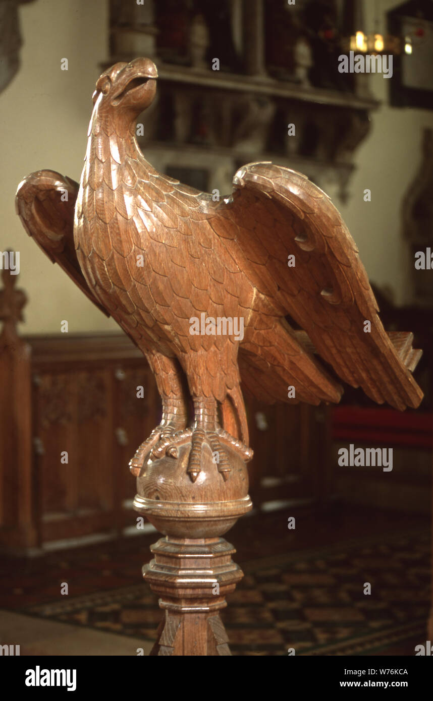 Carved wooden eagle lectern, St Edmund's, Assington, Suffolk, UK. Stock Photo