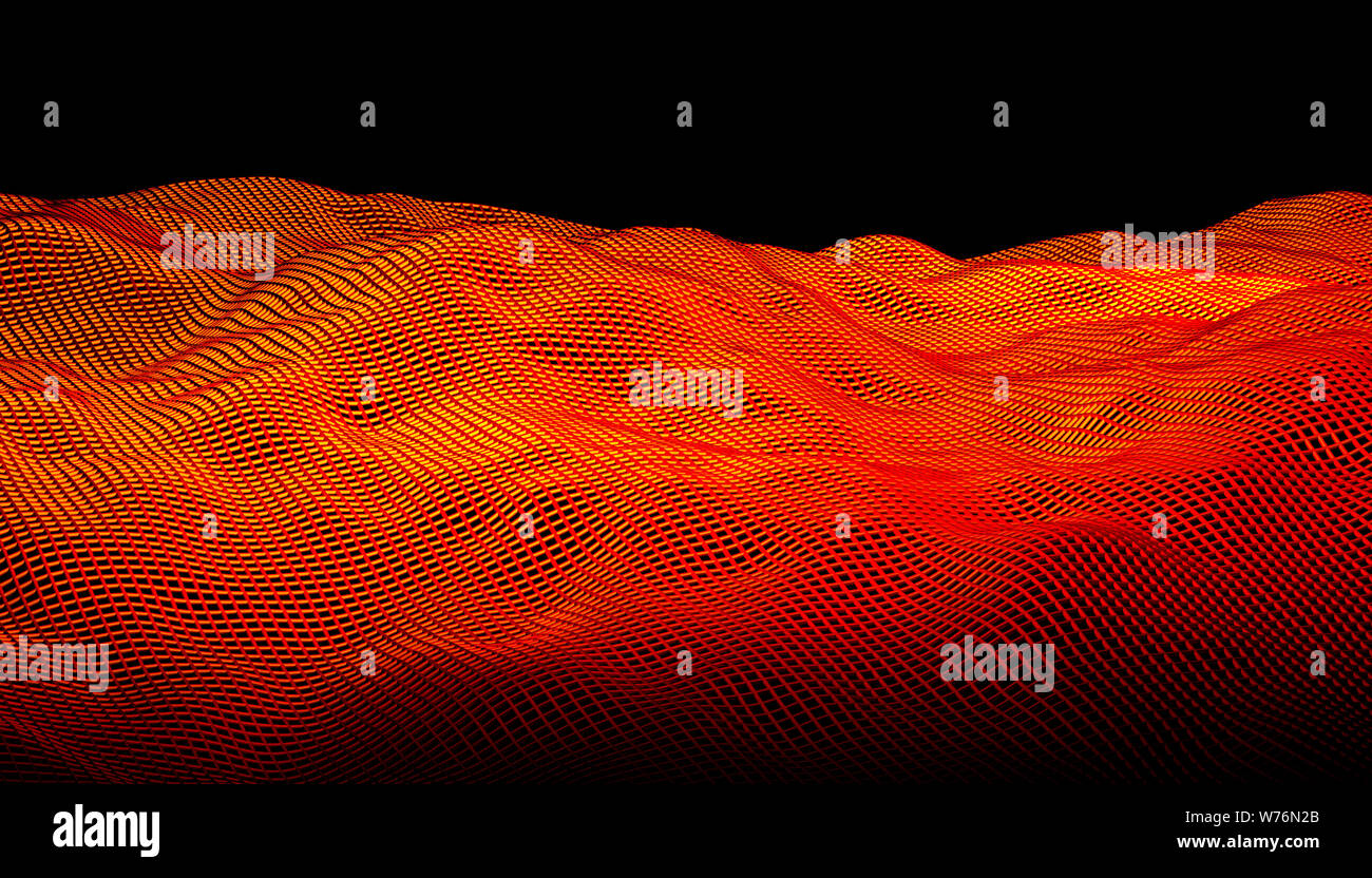3d render image of orange geometric grid abstract waves on a black background. Stock Photo