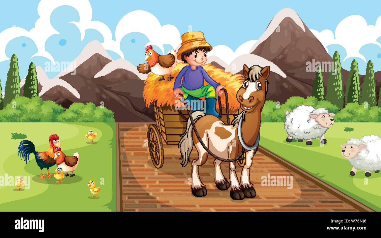 Farmer with farm animals scene illustration Stock Vector Image & Art ...