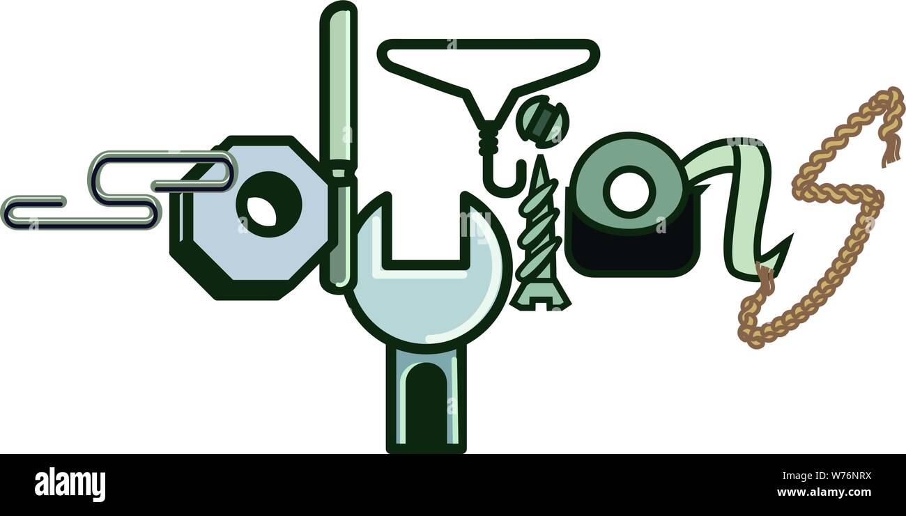 Solutions, the word written with objects related to it Stock Vector