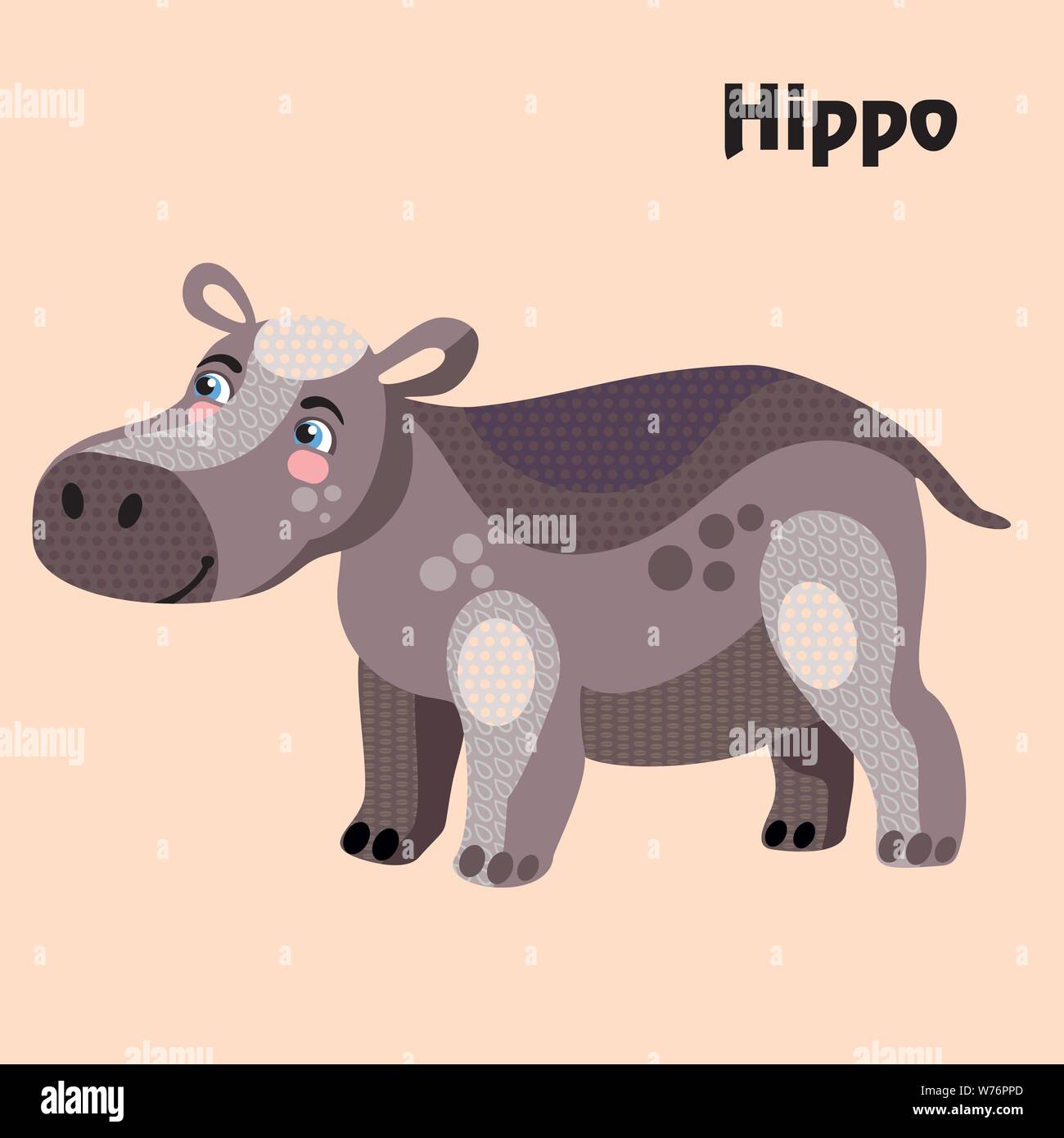 Colorful decorative outline funny colorful hippo standing in profile. Wild animals and birds vector cartoon flat illustration in different colors isol Stock Vector