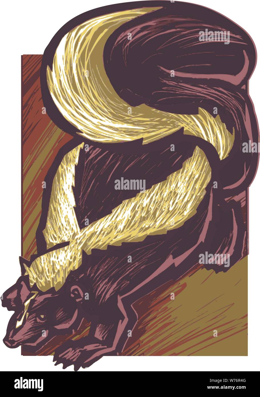 illustrated skumk with fluffy tail & white strip running along it's back in a rough scratchboard style Stock Vector
