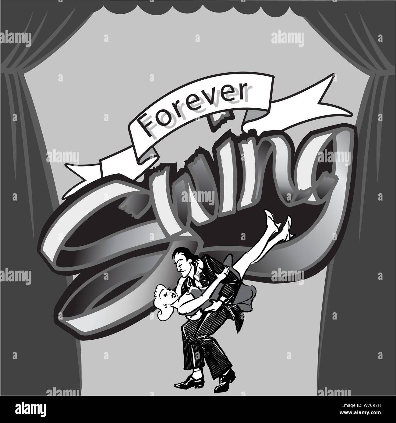 forever swing black & white dancing couple doing a dip with forever swing words & curtains in the background Stock Vector