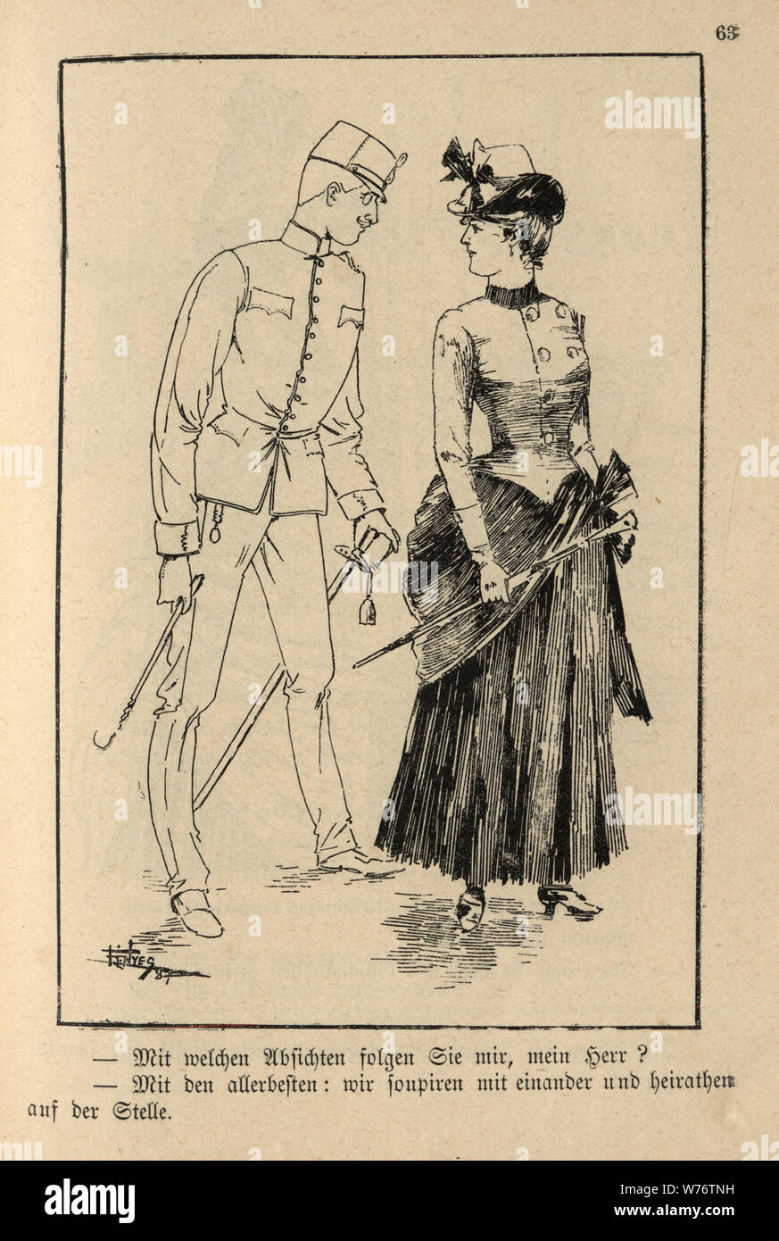 German cartoon of An officer and a gentleman with a lady, 19th Century Stock Photo