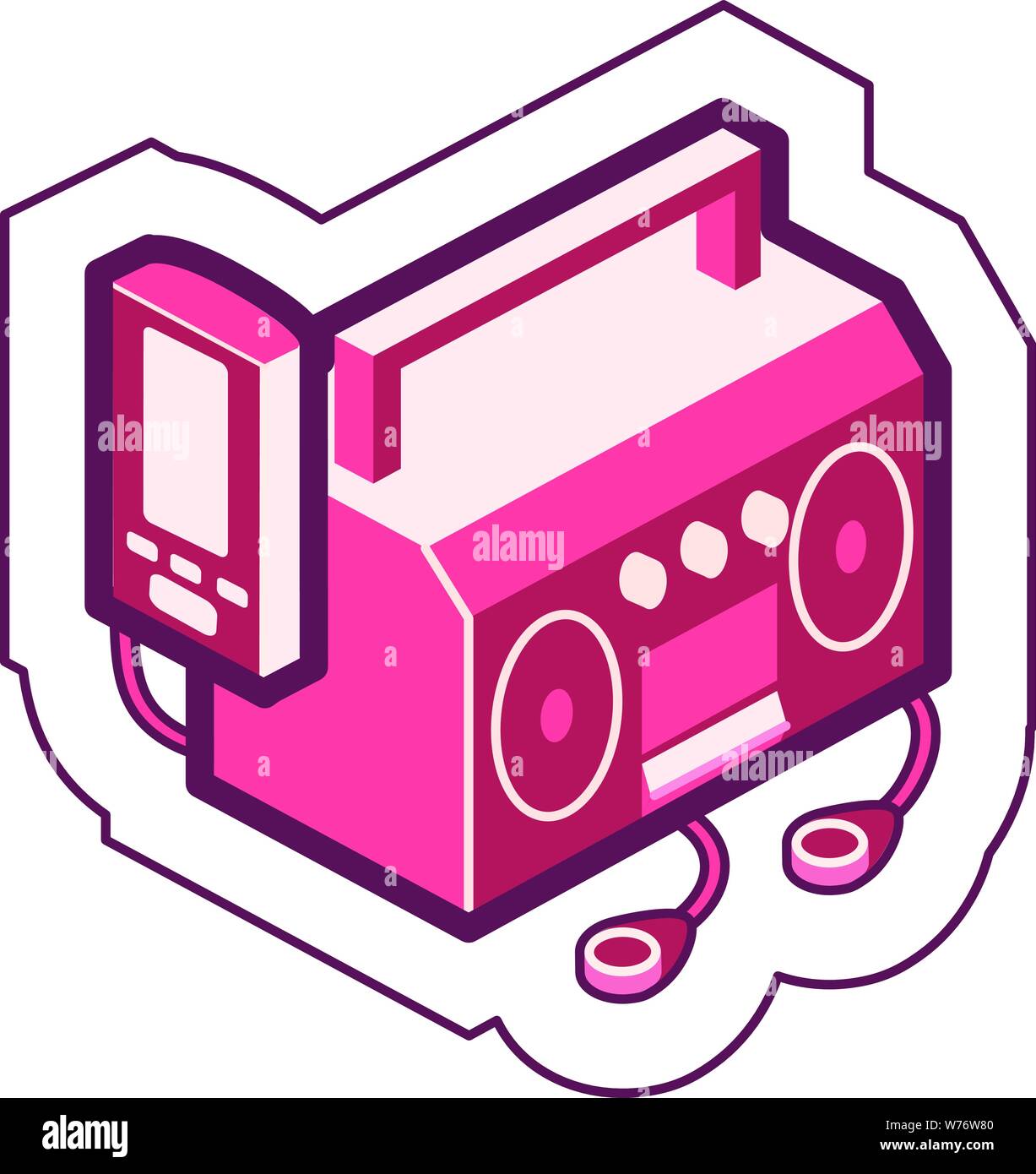 Iconic simple portable boom box & personal music player sound systems graphic with an outline. Stock Vector