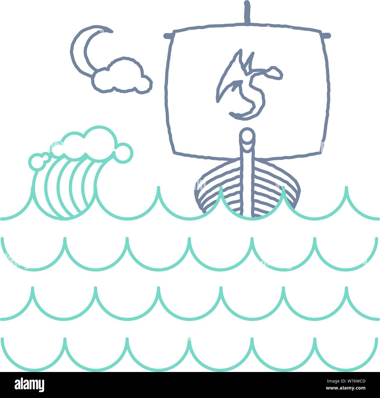 Viking ship on rough waves with moon & cloud Stock Vector