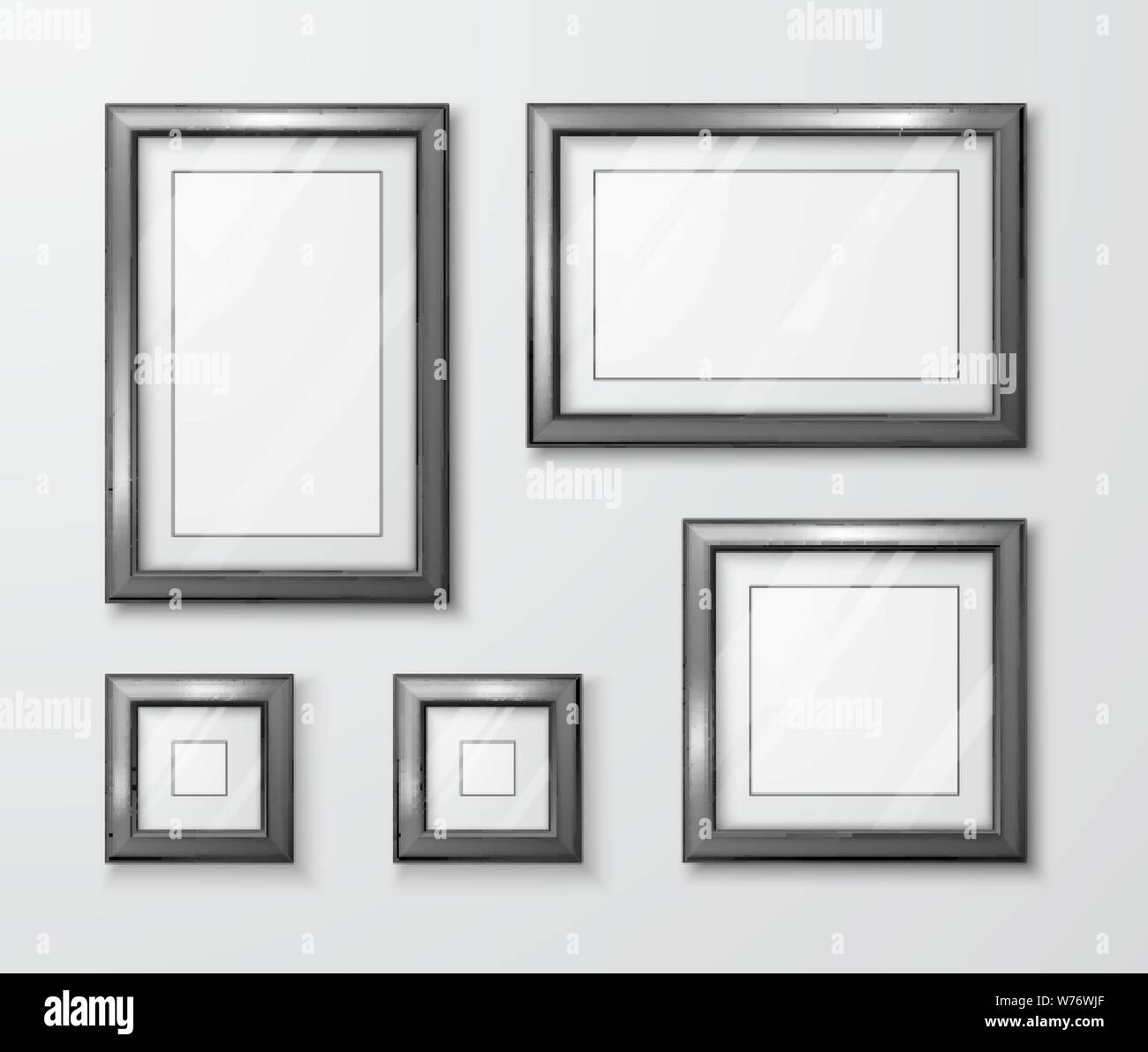 Photo Frames on gray wall. Modern empty frame template with transparent glass and shadow. Vector illustration Stock Vector