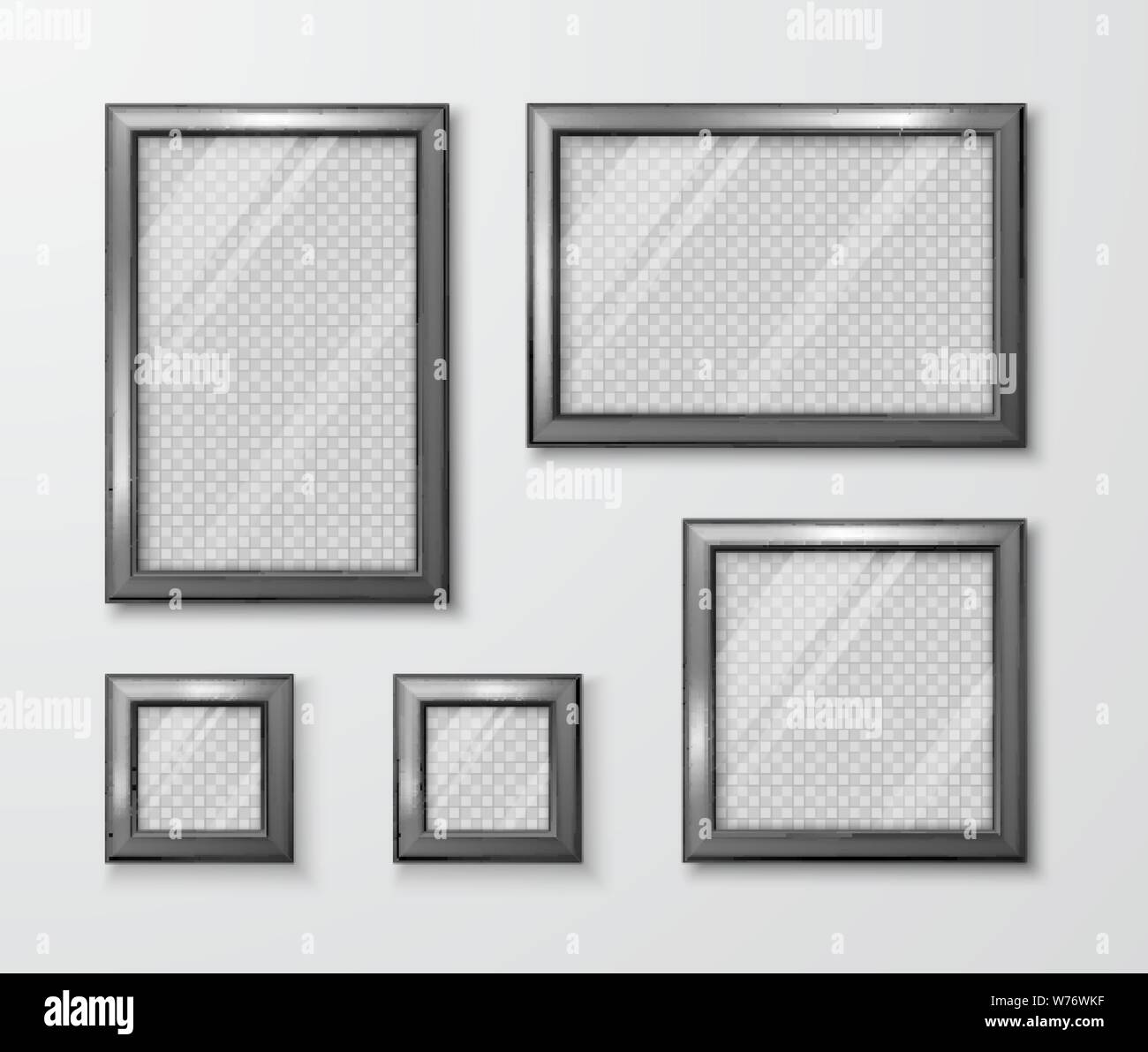 Collection of photo frames on the gray wall. Modern empty frame template with transparent glass and shadow. Vector illustration Stock Vector