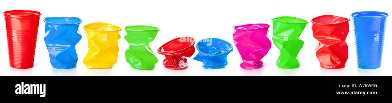 crumpled plastic cups - recyclable garbage isolated on white background Stock Photo