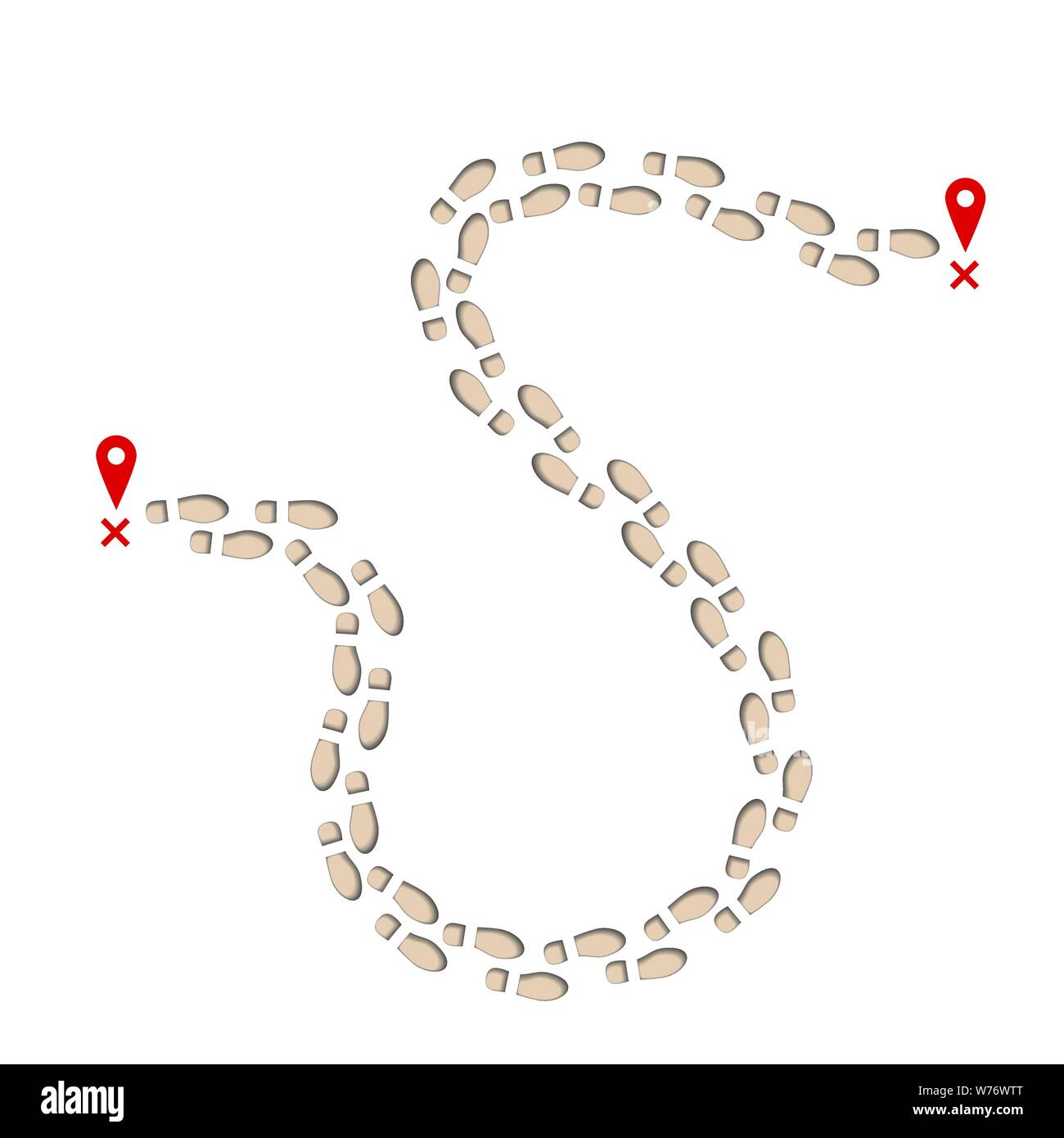 Footprint trail from start point to finish pin. Print of boots. vector illustration isolated on white background Stock Vector