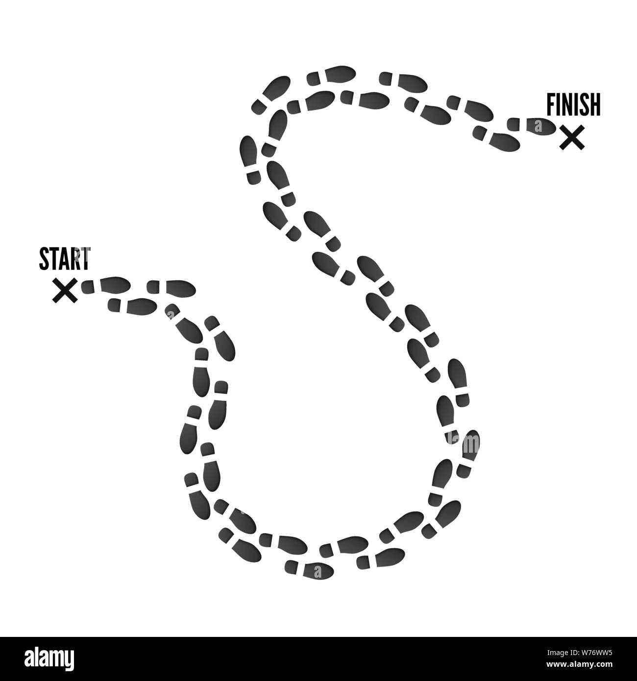 Footprint trail from start point to finish pin. Black print of boots. vector illustration isolated on white background Stock Vector