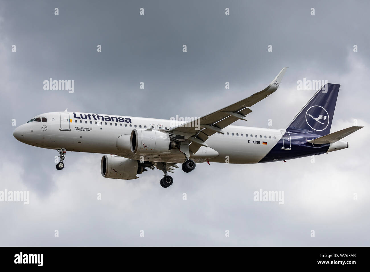 Lufthansa Airbus A320 NEO registration D-AINR, landing on August 2nd 2019 at London Heathrow Airport, Middlesex, UK Stock Photo