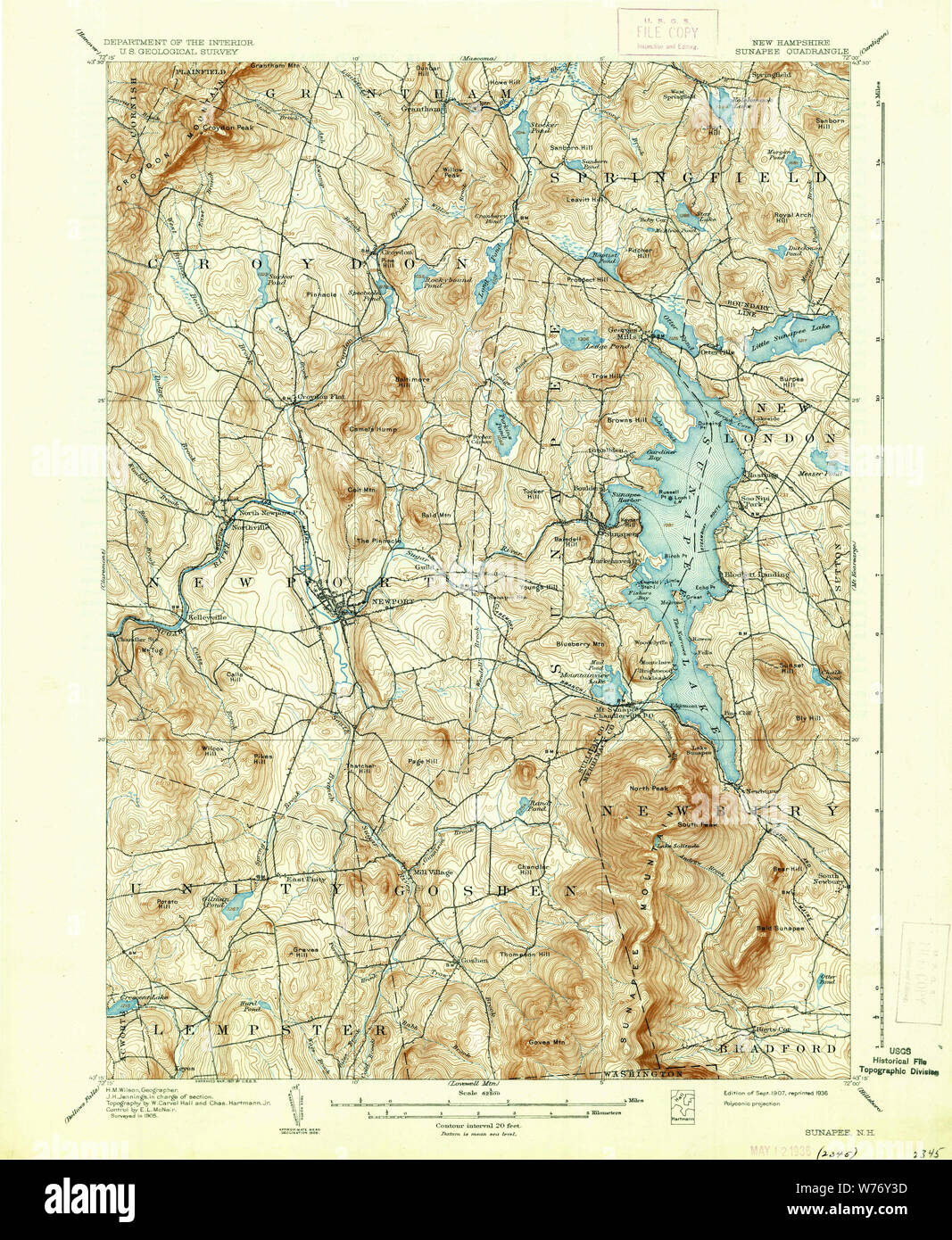 USGS TOPO Map New Hampshire NH Sunapee 330344 1907 62500 Restoration Stock Photo