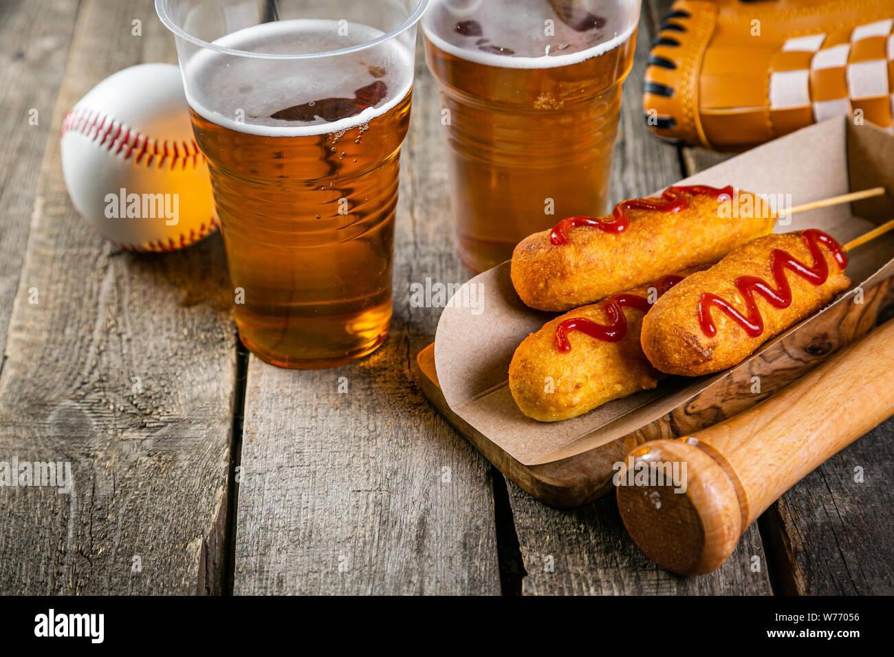 Selection of stadium game foods nachos, pop corn, pretzels, corn dogs