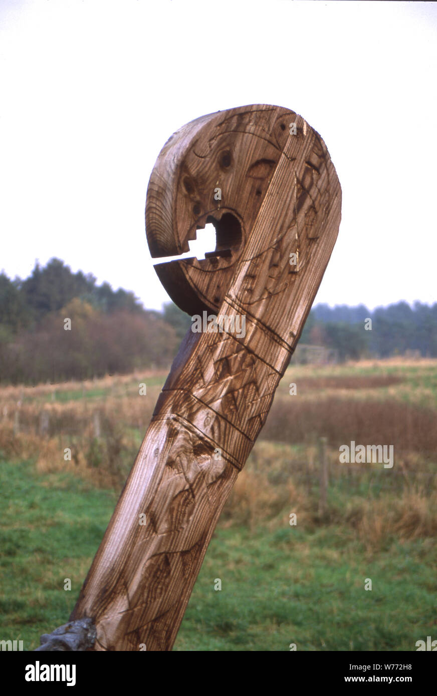 Wood carving replica of an Anglo Saxon ship figure head. Stock Photo