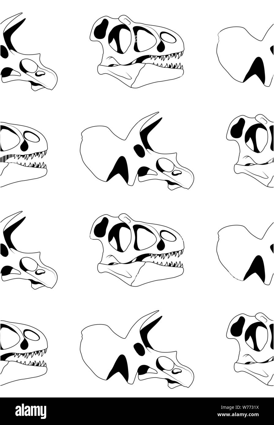 vector seamless pattern of black graphical tyrannosaur skull and triceratops skull on white background. Dinosaur texture Stock Vector