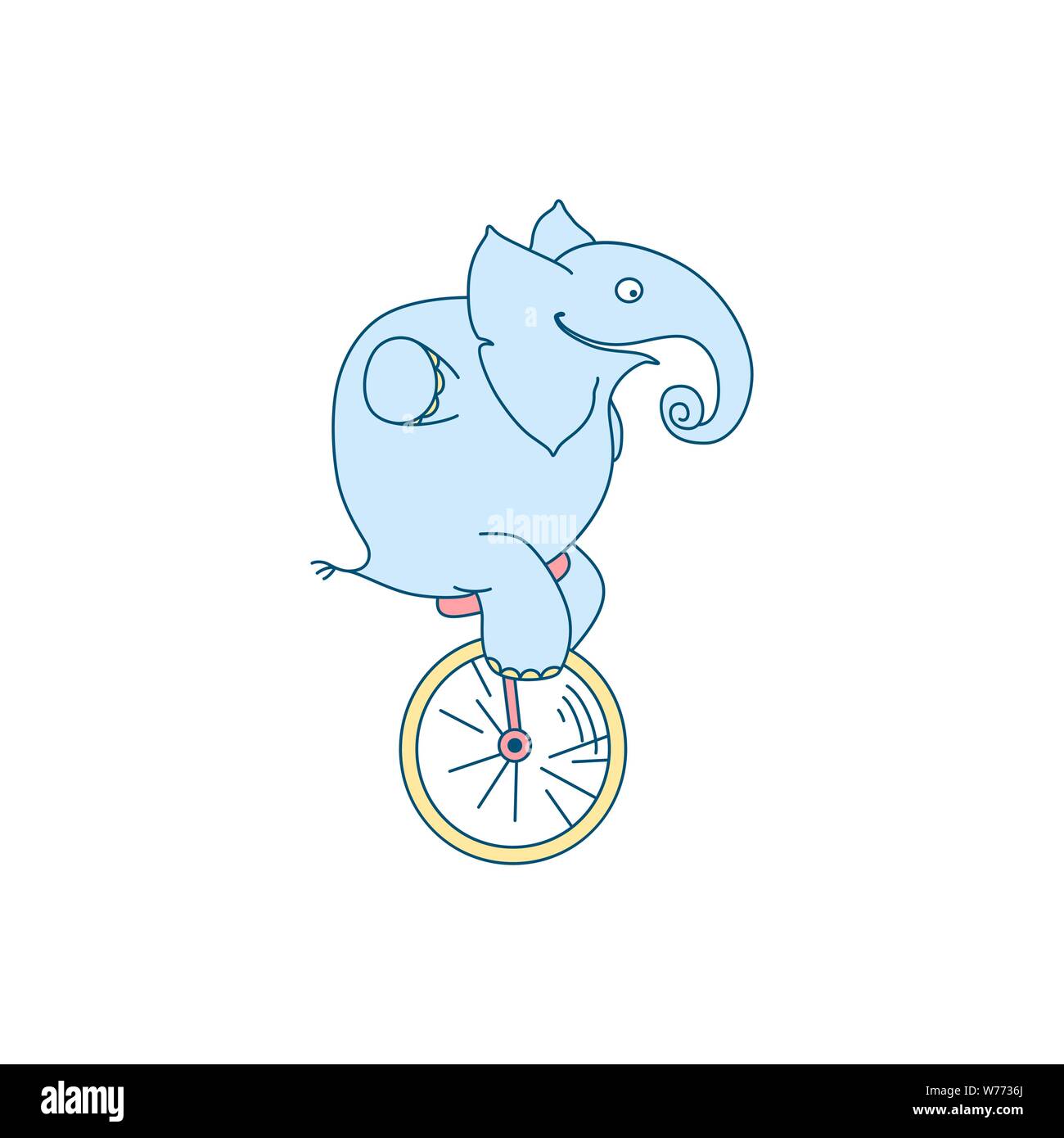 Vector illustration of cute cartoon elephant clown on unicycle. Cheerful character Stock Vector