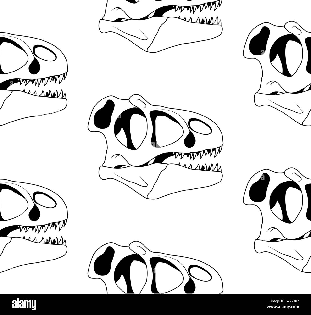 vector seamless pattern of black graphical tyrannosaur skull on white background Stock Vector
