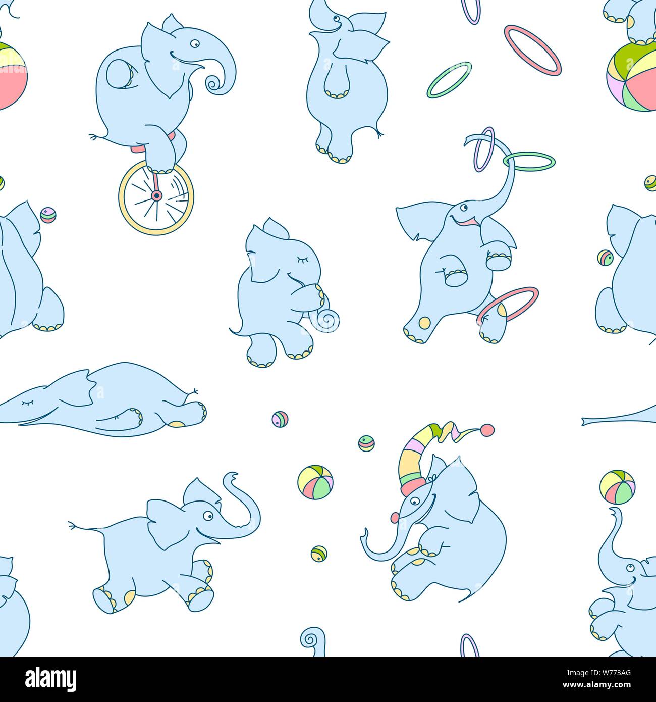 Vector seamless pattern of cute cartoon elephants. Circus elephants clowns with balls, hoops, unicycles on white background Stock Vector