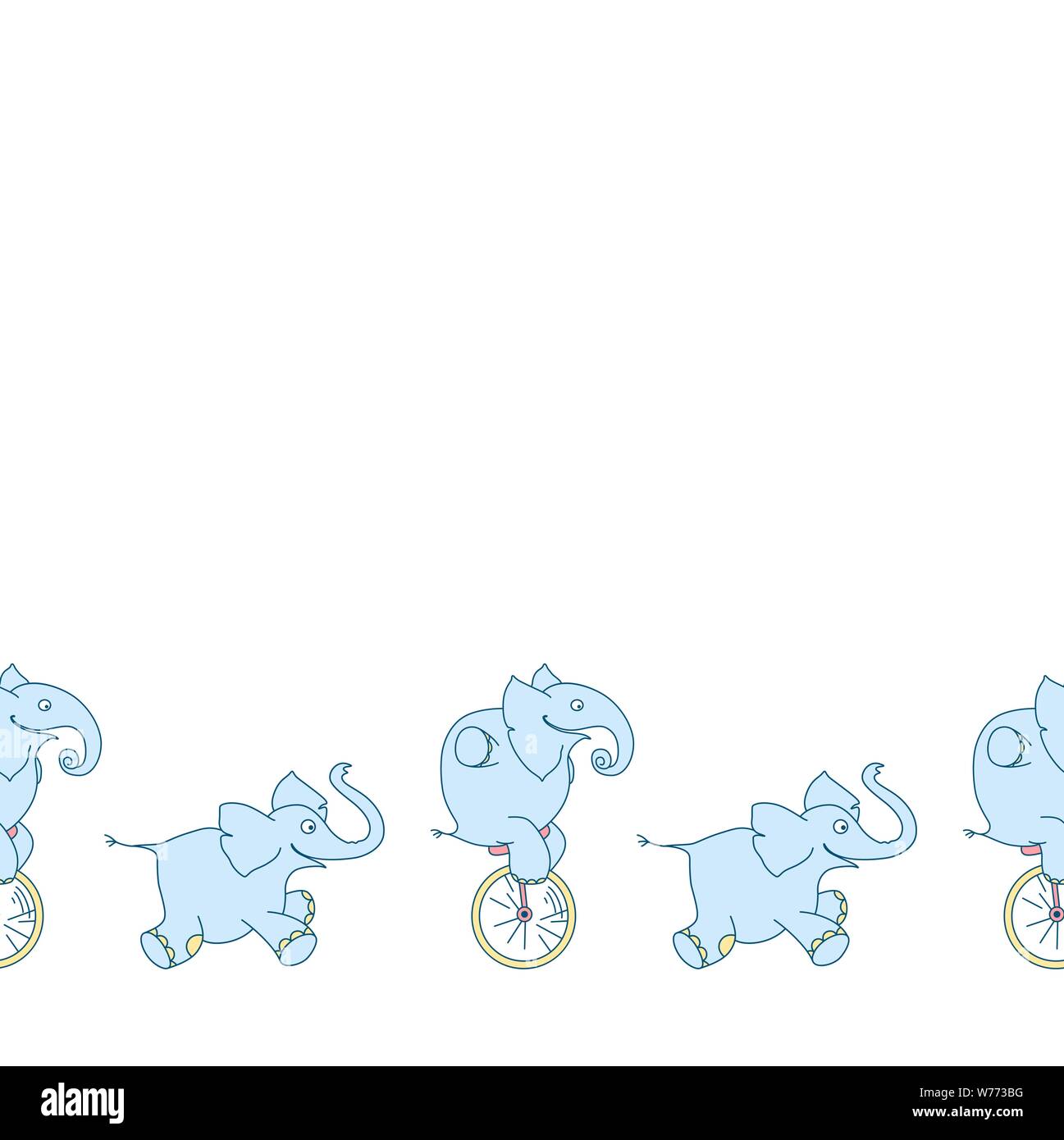 Vector seamless border of cute cartoon elephants on white background. Funny elephant on unicycle and elephant-clown Stock Vector
