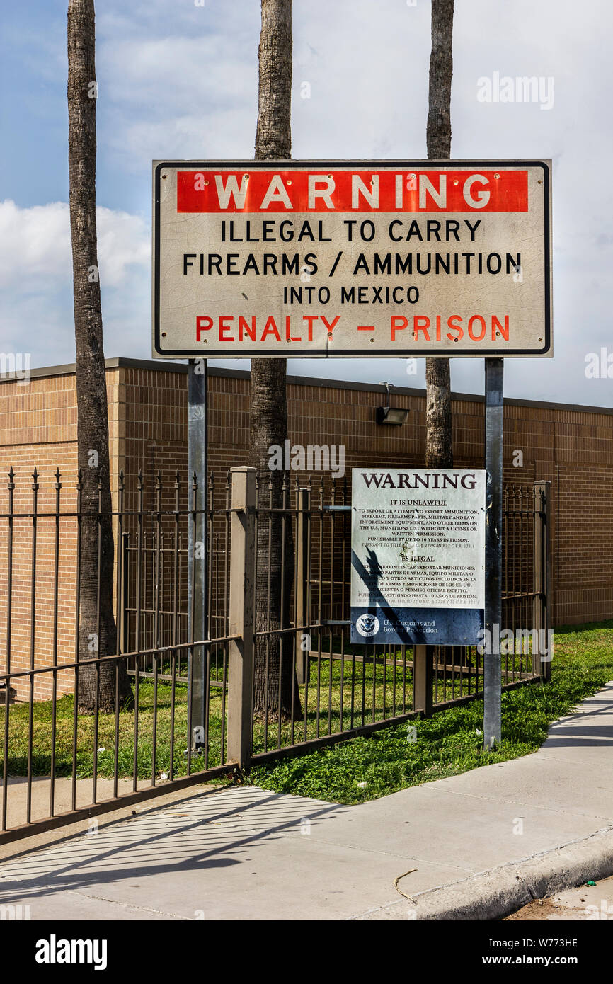 Entry to Mexico. U.S Customs and Border Agency sign. Roma, Texas, USA. Stock Photo