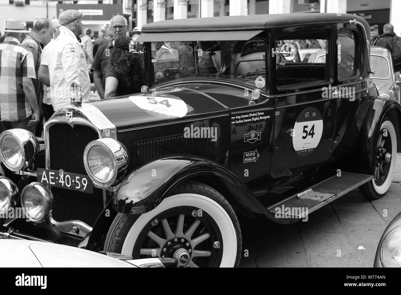 Black & white BUICK MASTER SIX COUPE 1928 at 2019 Mille Miglia race - Brescia Stock Photo