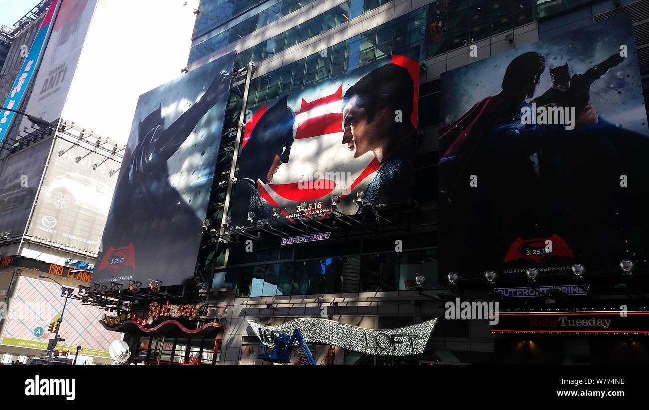 Advertising for the Warner Bros' 'Batman v Superman: Dawn of Justice' film in Times Square - New York Stock Photo