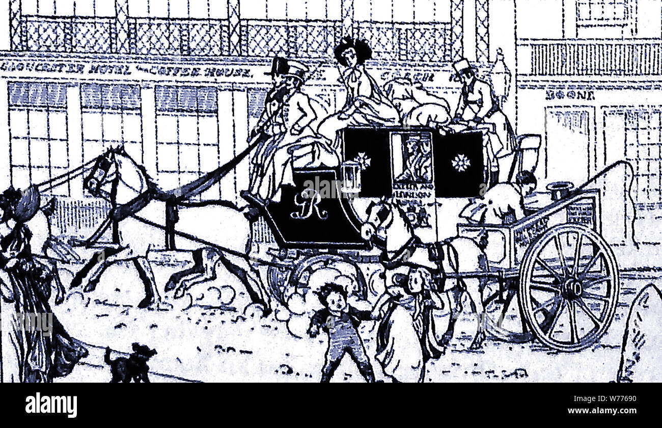 A old illustration of The Exeter Mail Coach ,nicknamed the Quicvsilver' outside the Gloucester Hotel & Coffee House, Piccadilly, London. This was the coach that was attacked by a lioness Winterston Hut (now the Pheasant Inn) near Salisbury, on the Night of Sunday the 20th of October, 1816. Stock Photo