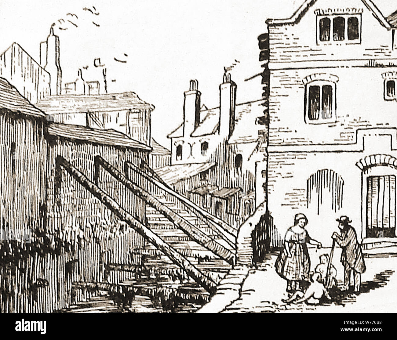 An old  illustration showing the Fleet Ditch in West St, Smithfield,London, England Stock Photo