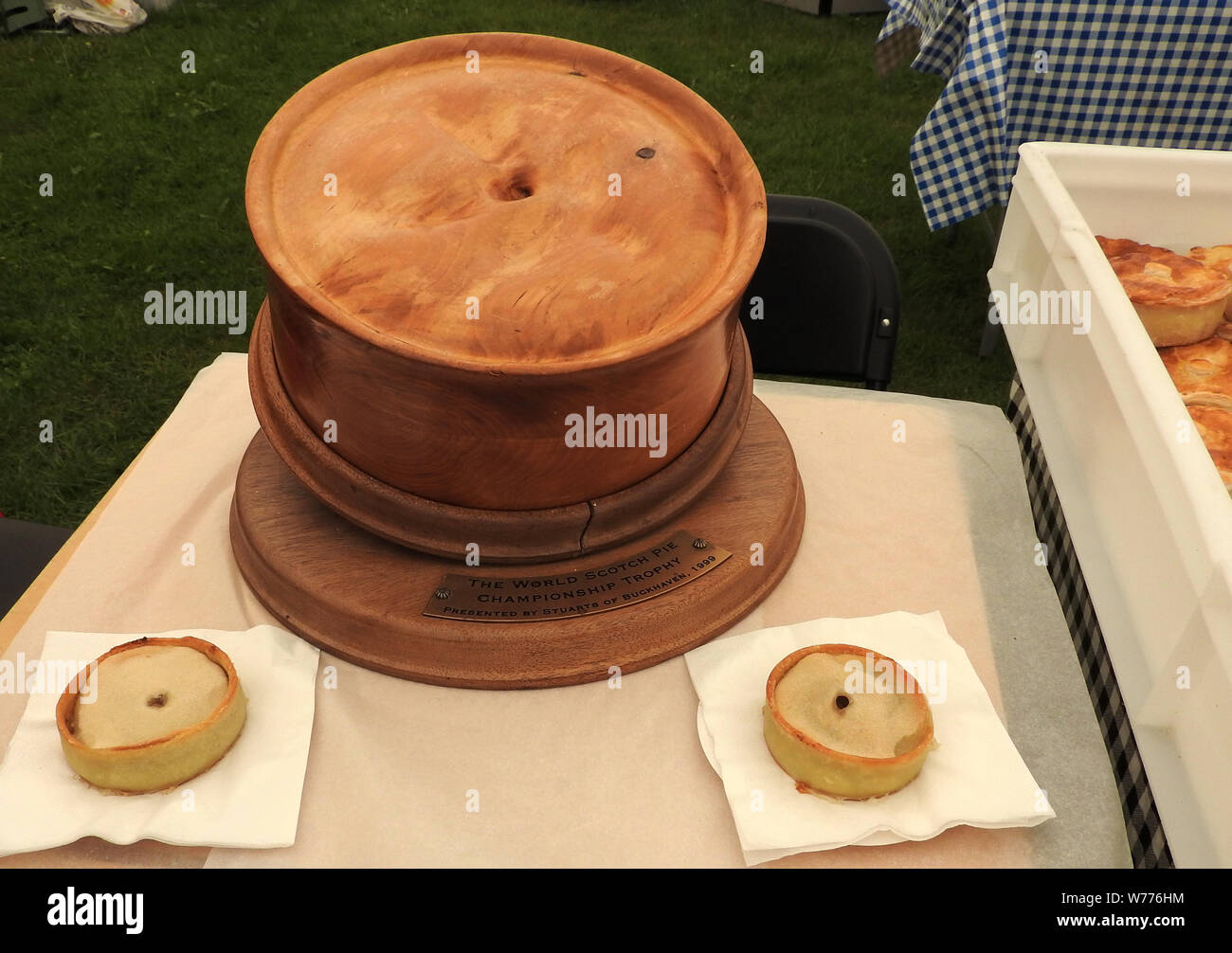 Annual World Scotch Pie championship Award Trophy with actual Scotch pies. (Also known in some areas as a mince, shell,peppery or football pie.) Exhibited at the Stranraer annual agricultural show 2019 Stock Photo