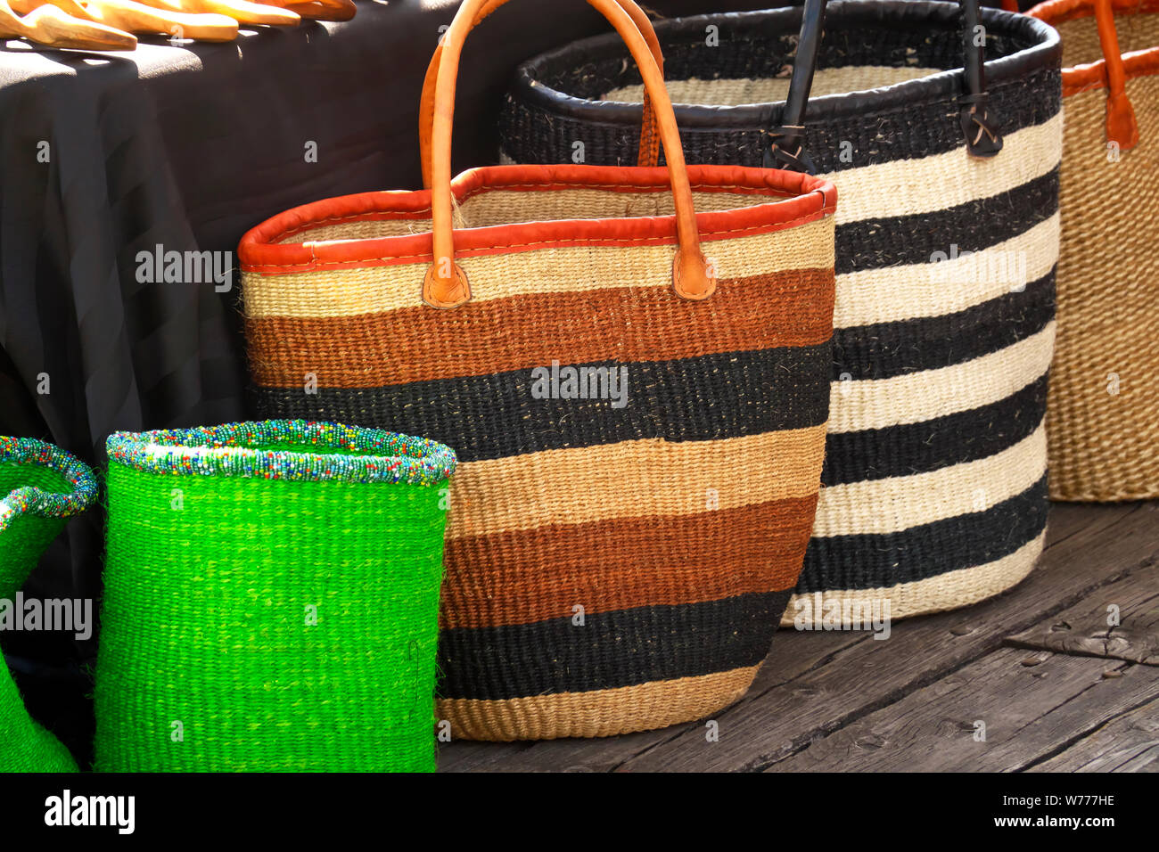 Hand-crafted woven hand bags and baskets on display at a craft fair at River Market, Westminster Quay, New Westminster, B. C. Canada Stock Photo
