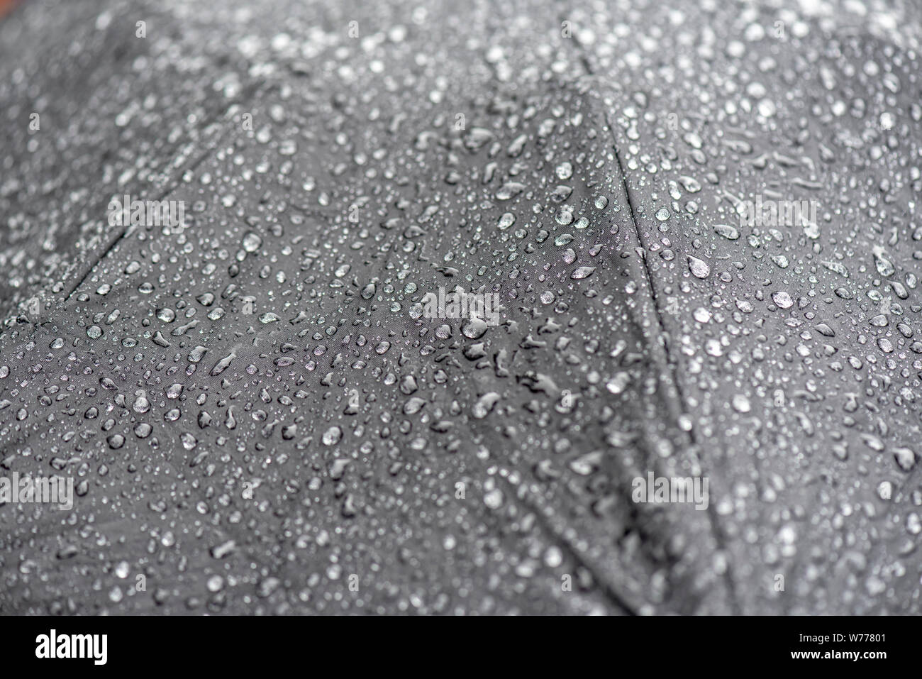 Raining Day, Heavy Rain in City, Drops on Surface of black Umbrella, People with Umbrellas during Storm Stock Photo