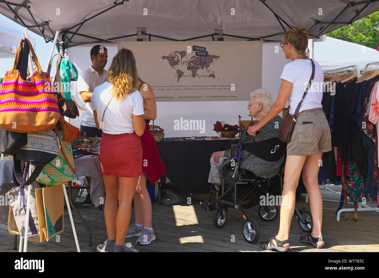 Shoppers at an outdoor market in New Westminster, British Columbia, Canada. Stock Photo