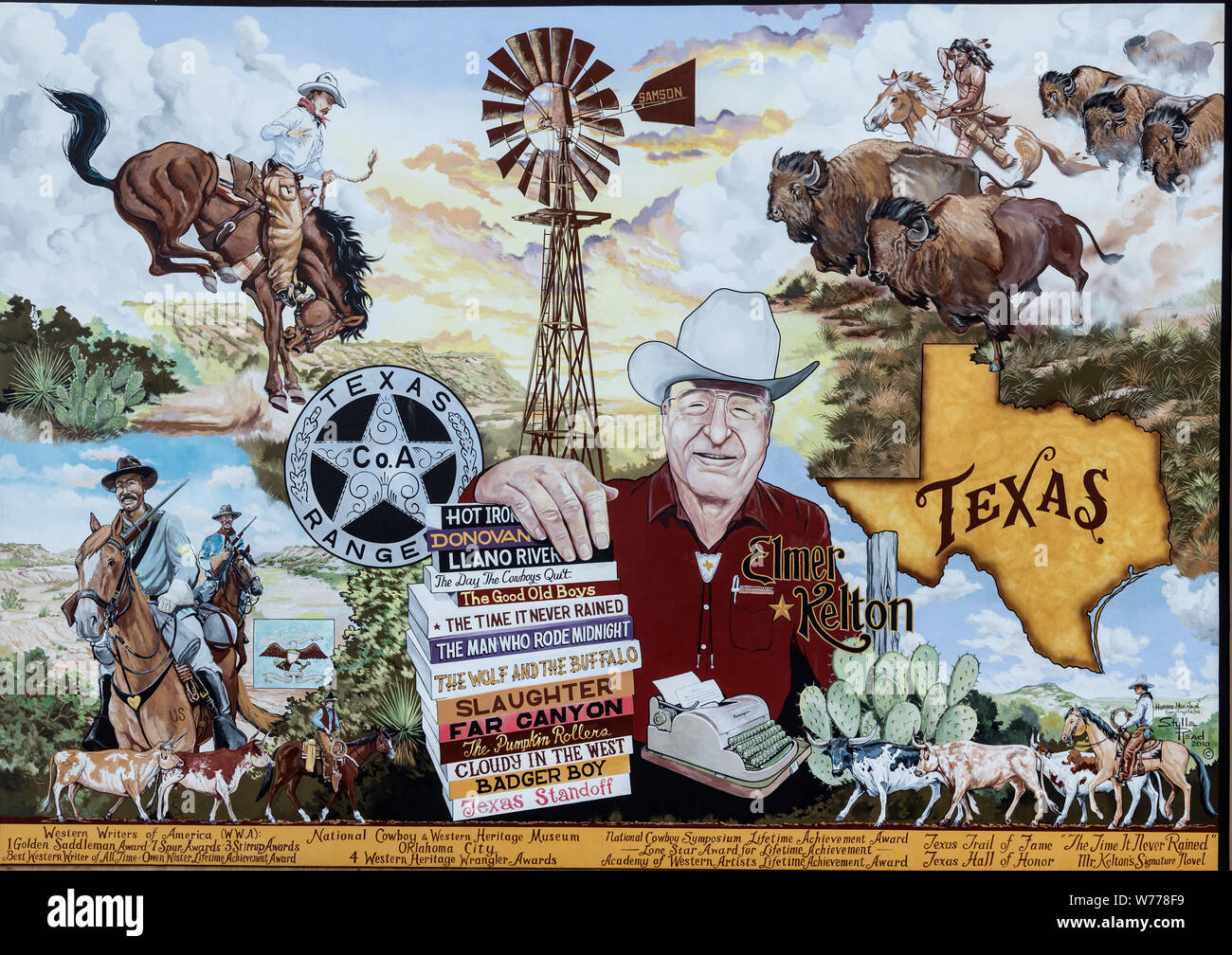 A downtown mural, by western artist Stylle Read, in San Angelo, the seat of Tom Green County, Texas Physical description: 1 photograph : digital, tiff file, color.  Notes: The mural celebrates the life of Elmer Kelton, San Angelo's most famous writer. Kelton wrote western yarns, one of which, The Good Old Boys, was made into a movie.; Title, date, and keywords based on information provided by the photographer.; Gift; The Lyda Hill Foundation; 2014; (DLC/PP-2014:054).; Forms part of: Lyda Hill Texas Collection of Photographs in Carol M. Highsmith's America Project in the Carol M. Highsmith Arch Stock Photo