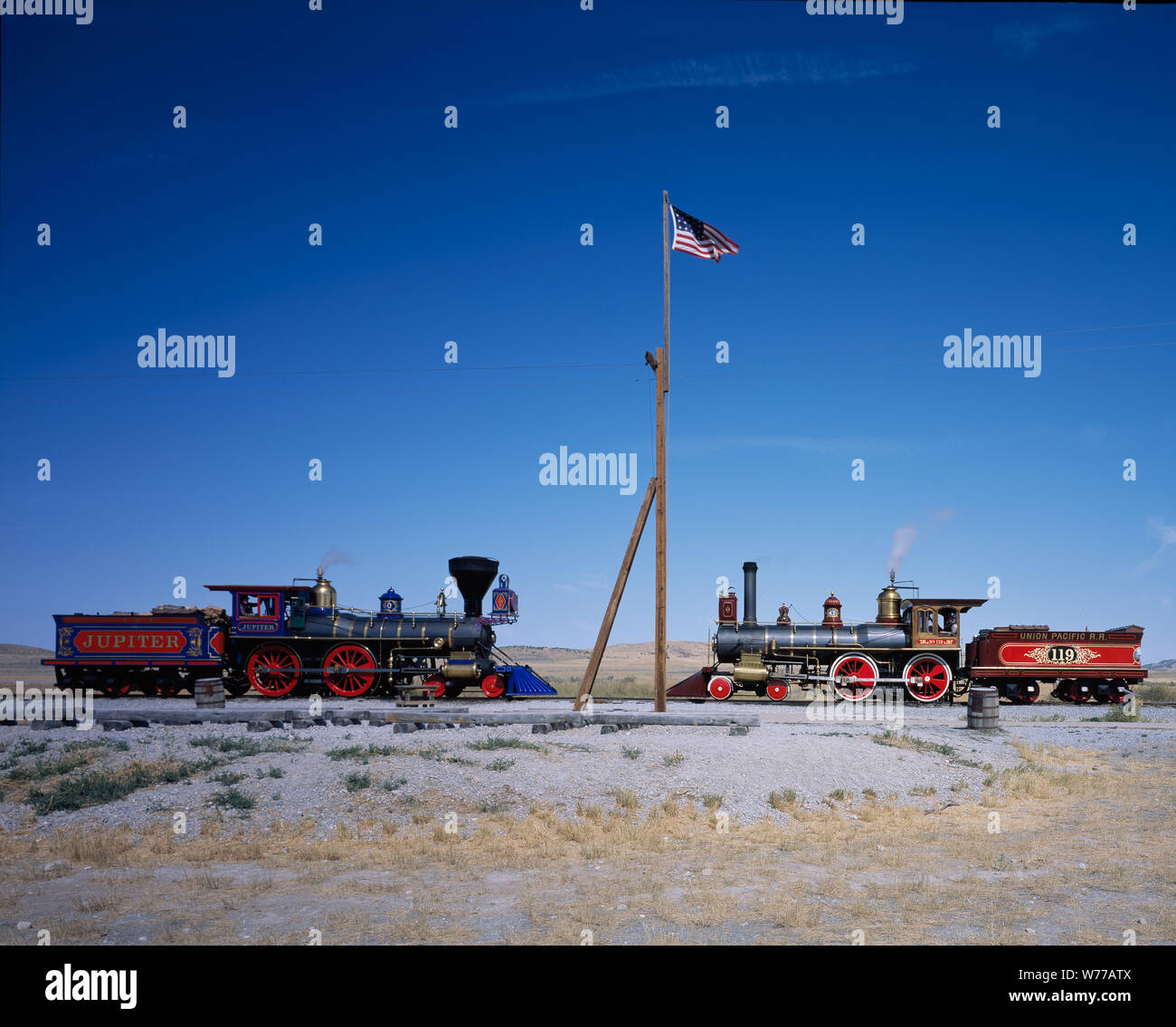 A meeting of the engines at the Golden Spike National Historic Site, Utah Physical description: 1 transparency : color ; 4 x 5 in. or smaller.  Notes: Stock Photo