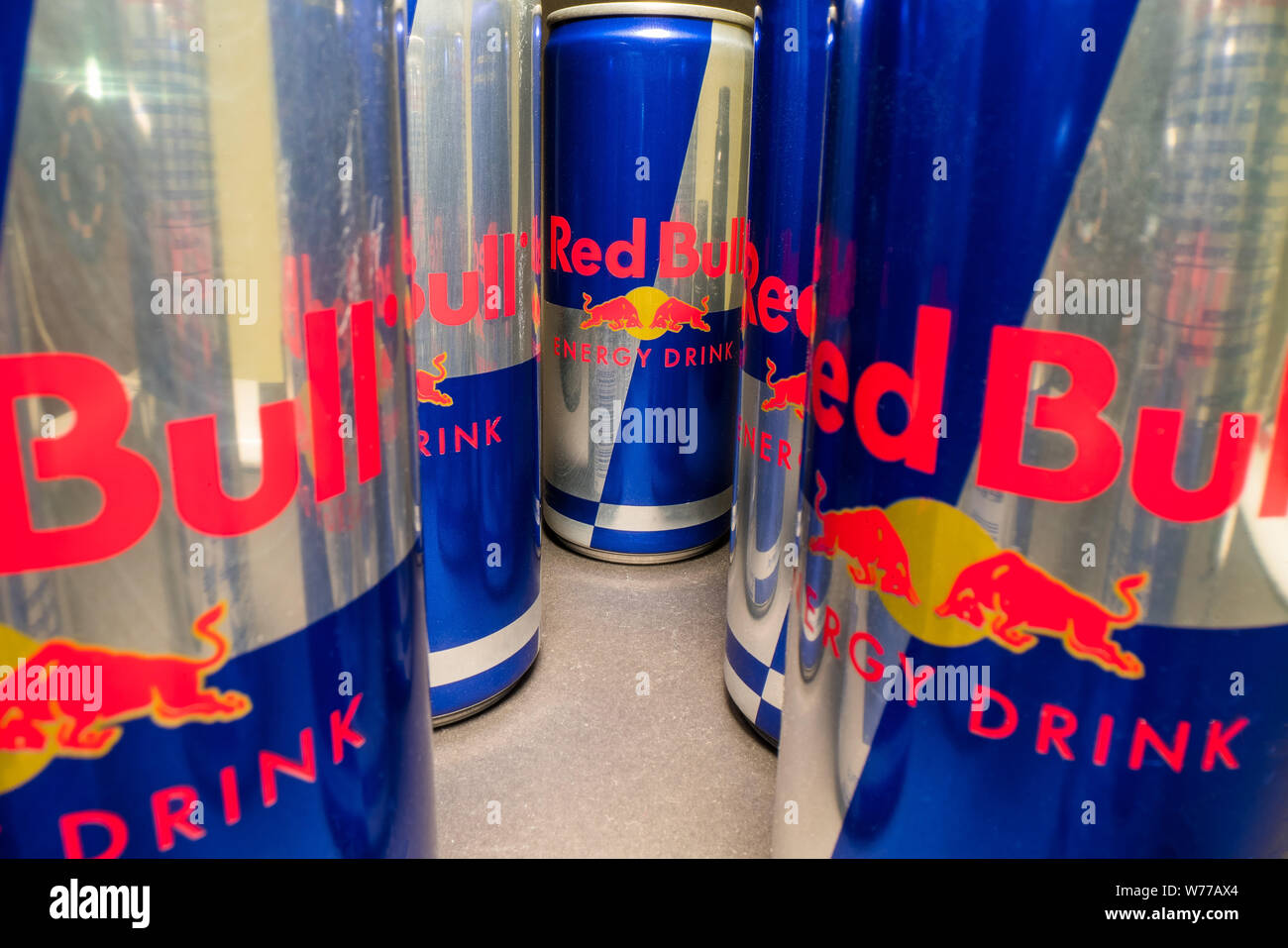 PRAGUE, CZECH REPUBLIC - April 16th, 2019: wide angle view of aluminum Red  Bull energy drink can on dark background. Redbull drink is popular in youth  Stock Photo - Alamy