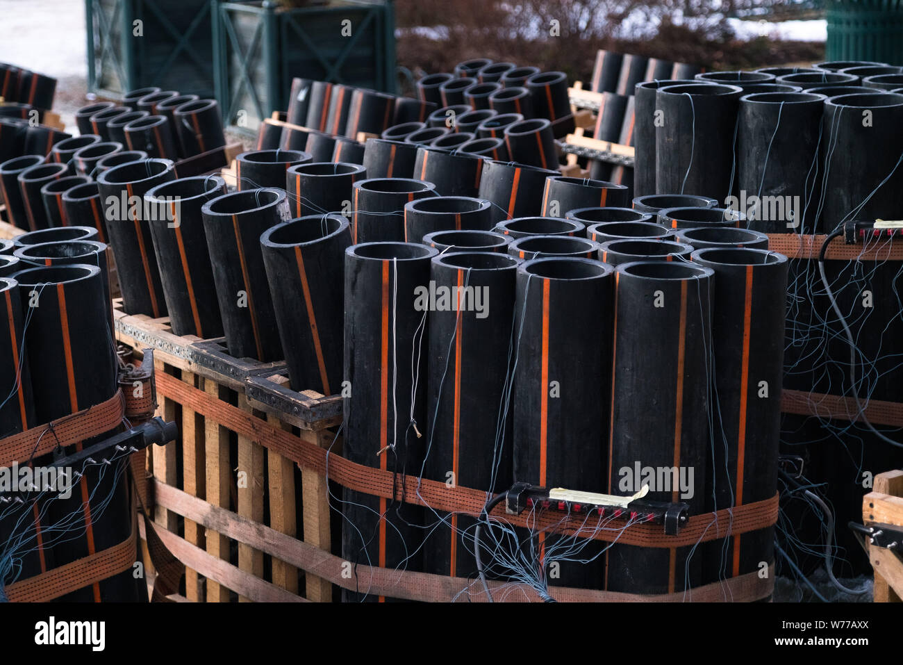 Preparation of big firework show with tubes filled with gunpowder and