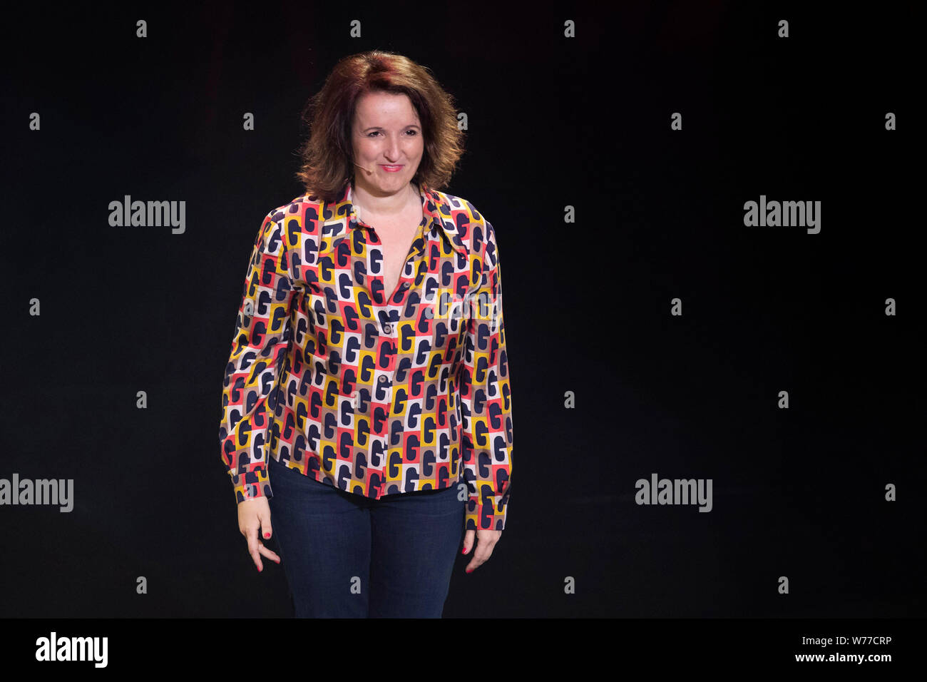 Humorist Anne Roumanoff on stage at Grimaldi Forum in Monaco on March 23, 2019, on the occasion of the “Serenissimes de l'Humour” show Stock Photo