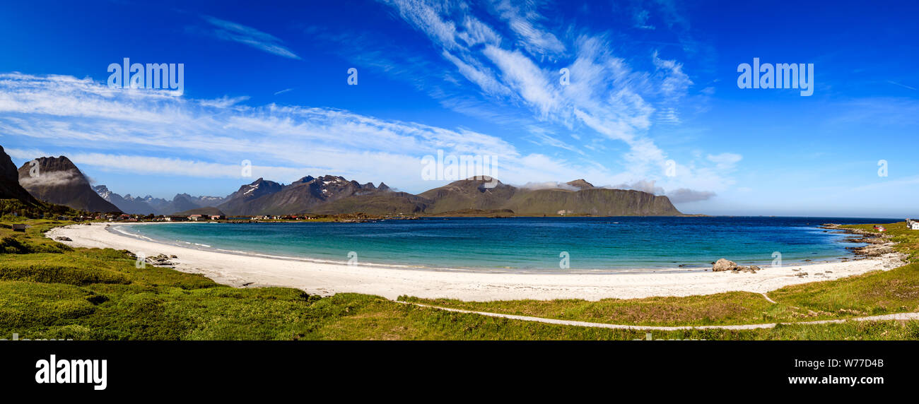 Panorama Beach Lofoten islands is an archipelago in the county of Nordland, Norway. Is known for a distinctive scenery with dramatic mountains and pea Stock Photo
