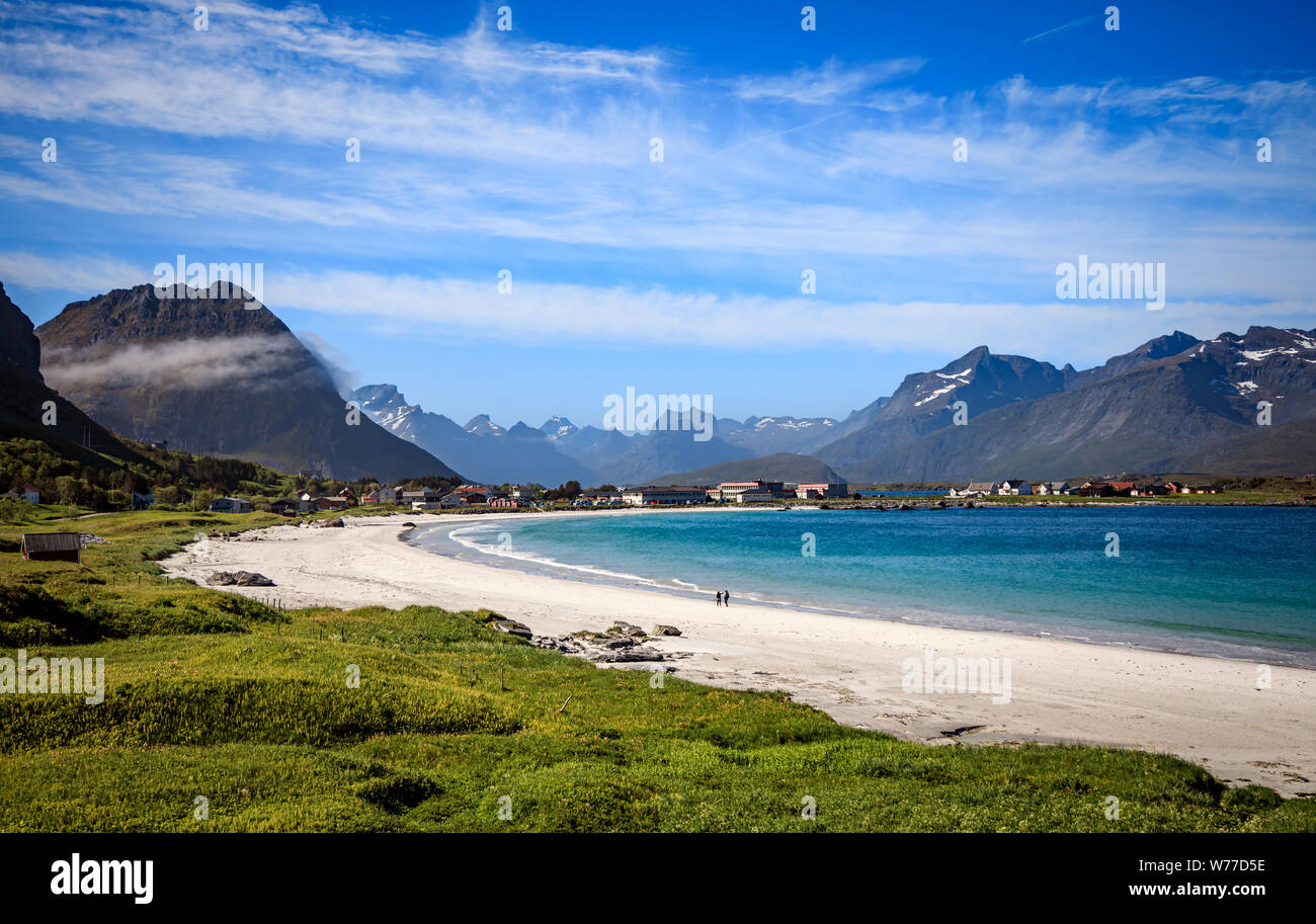 Panorama Beach Lofoten islands is an archipelago in the county of Nordland, Norway. Is known for a distinctive scenery with dramatic mountains and pea Stock Photo