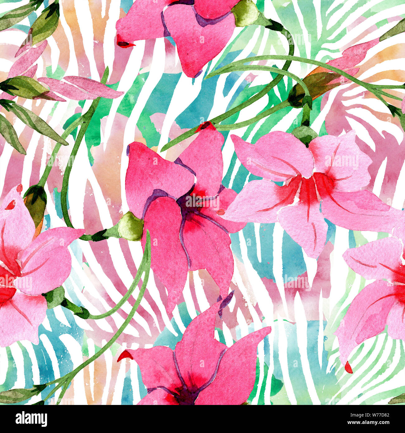 Pink mandevilla floral botanical flowers. Watercolor illustration background set. Seamless background pattern. Stock Photo