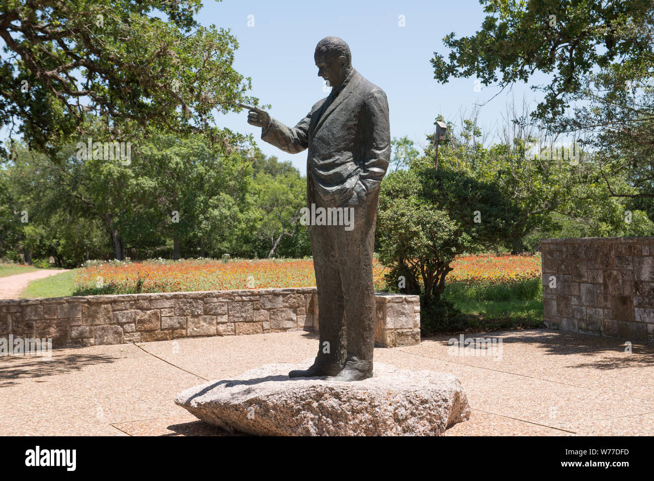 A statue of President Lyndon B. Johnson on the Texas State Parks' portion of the LBJ Ranch near Stonewall in the Texas Hill Country Physical description: 1 photograph : digital, tiff file, color.  Notes: Title, date, and keywords based on information provided by the photographer.; Stock Photo