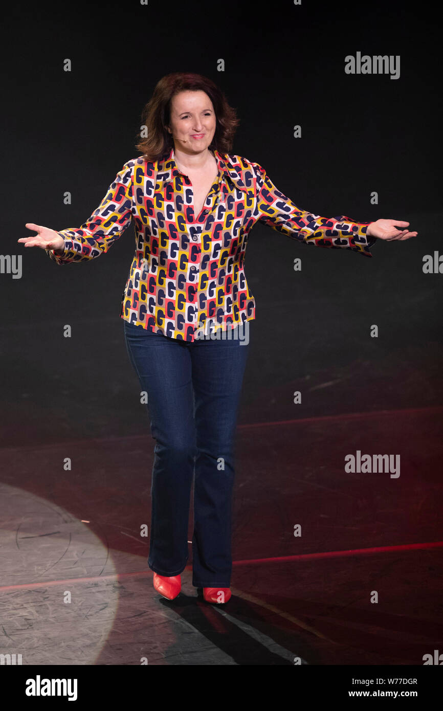 Humorist Anne Roumanoff on stage at Grimaldi Forum in Monaco on March 23, 2019, on the occasion of the “Serenissimes de l'Humour” show Stock Photo