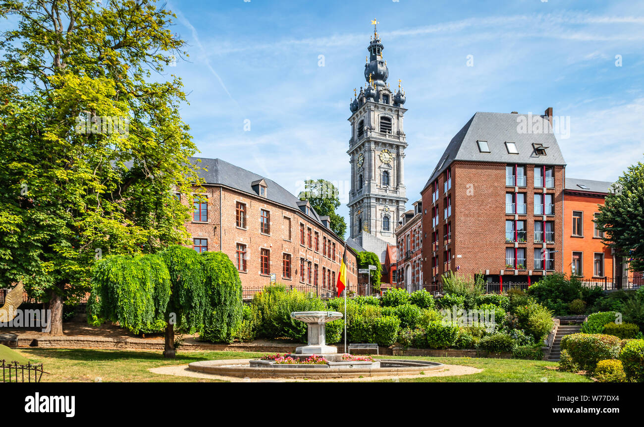 Mons, Wallonia, Belgium. Panoramic landscape view with belfry tower in city centre. Stock Photo