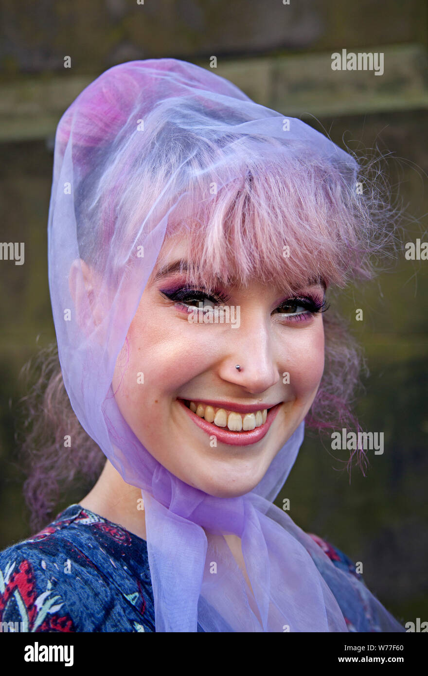 Edinburgh Festival Fringe, Royal Mile, Scotland, UK. 5th August 2019. Cast member Elena from Medea by Euripides promotes the show, a group of gregarious grans on a mini-break to Greece bring a modern twist to Euripides' Greek tragedy Medea. Stock Photo