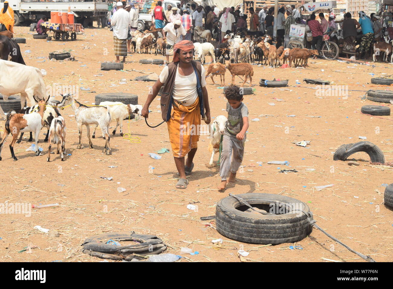 (190805) -- ADEN, Aug. 5, 2019 (Xinhua) -- A man pulls a sheep at a