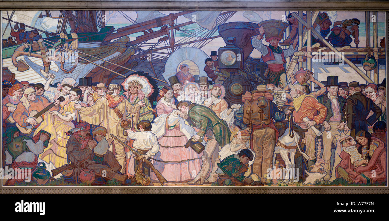 Americanization; The Americanization of California, one of four great eras of California history murals by Dean Cornwell at the Central Library in downtown Los Angeles, California Stock Photo